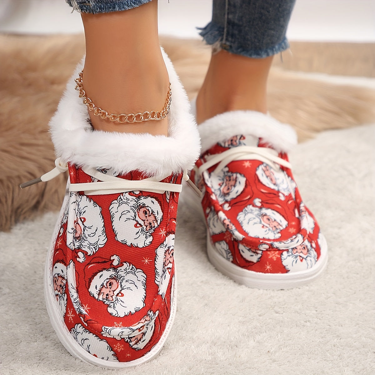 Christmas Santa Claus Pattern Warm Sneakers Comfortable Flat Shoes