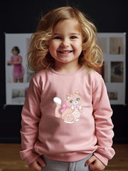 Girls Cat Pattern Crew Neck Sweatshirt for Spring Fall