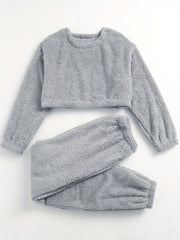 Cozy Fuzzy Pajama Set Long Sleeve Crew Neck Top & Pants