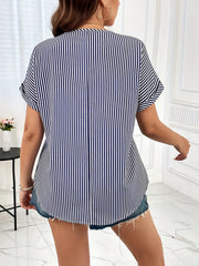 Nautical Stripe Zipper V Neck Blouse