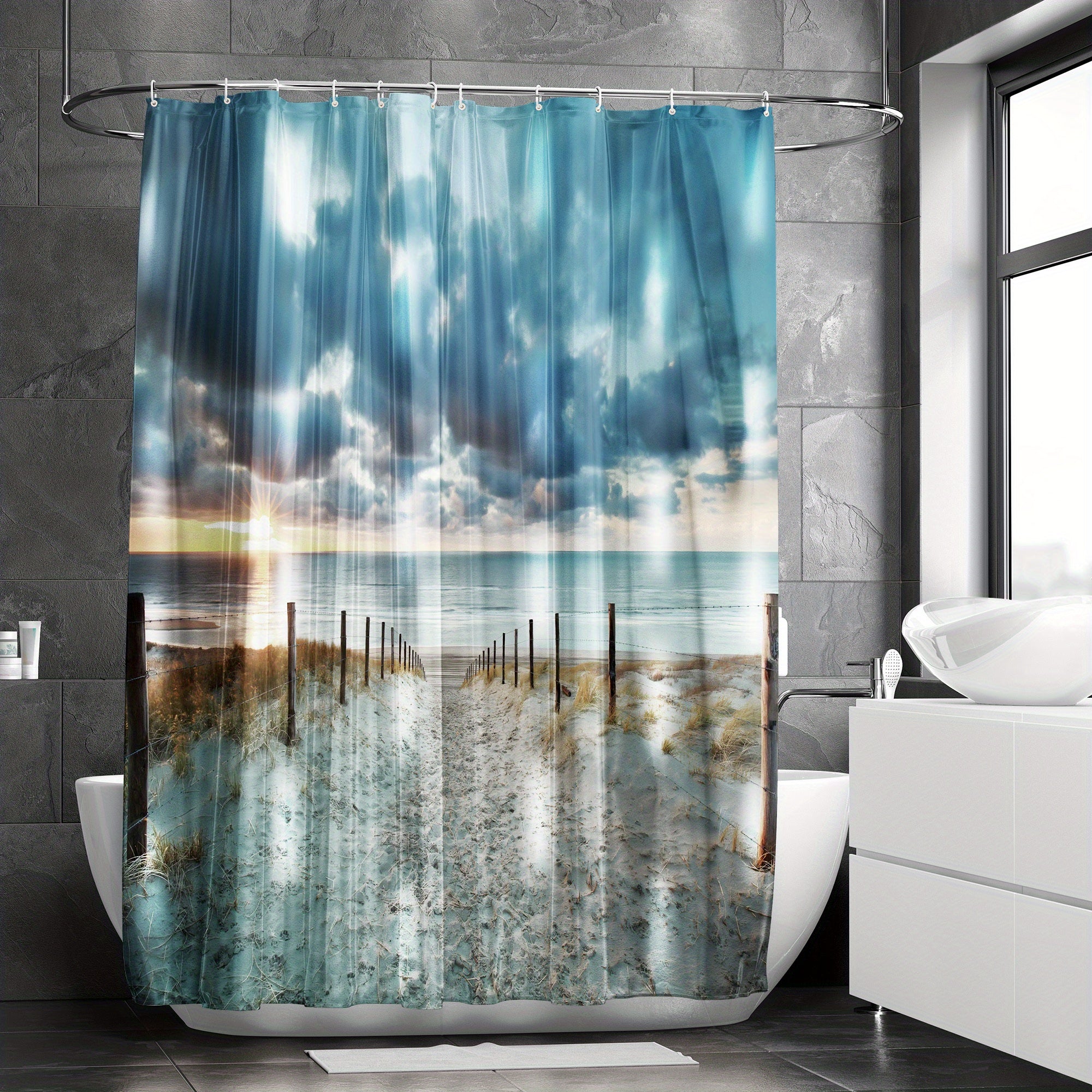 Extra Long Ocean Beach Shower Curtain with 12pcs Hooks