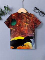 Dino & Planet Pattern T-shirt for Kids Short Sleeve Top Casual Tee Boy's Clothes