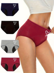 4 Pack Plus Size Panties Set Women's Plus Heart Print Leakproof Overnight