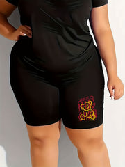Casual Shorts Women's Plus Letter & Cartoon Bear Print