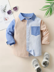 Boys Stylish Block Button Down Shirt Casual Long Sleeve Lapel