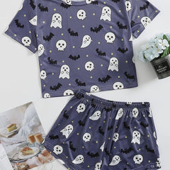 Cartoon Ghost Lounge Set Halloween Short Sleeve Top & Shorts Women's Sleepwear