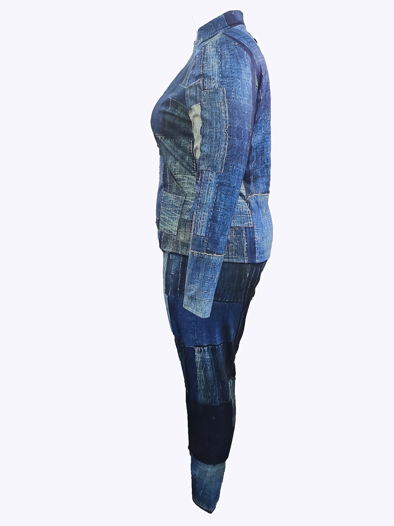 Denim Print Zip Up Top & Pants 2 Piece Set