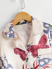 Beige Butterfly Flowers Lapel Short Sleeved Pants Casual Home Wear Set