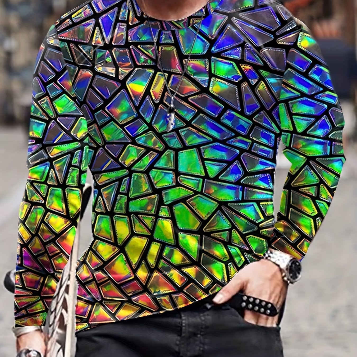 Neon Foil Print Men's Long Sleeve Tee Autumn Stylish Tee