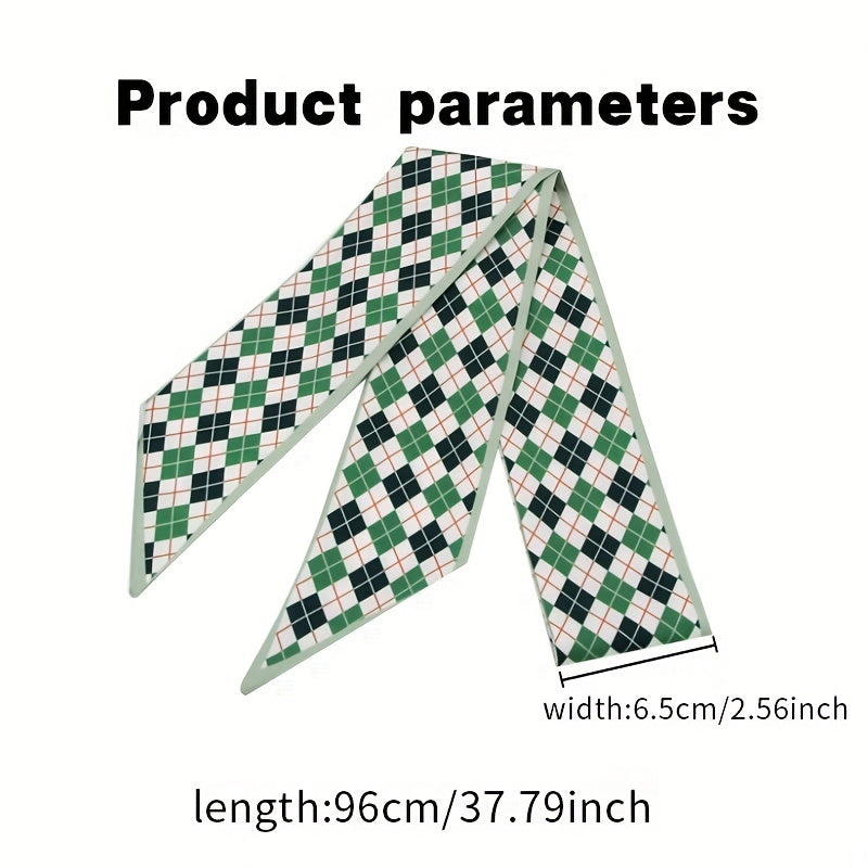 2pcs Green & Coffee Skinny Scarf Plaid Print Ribbon Neckerchief Bowknot Twilly