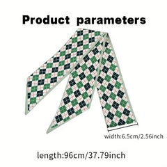 2pcs Green & Coffee Skinny Scarf Plaid Print Ribbon Neckerchief Bowknot Twilly