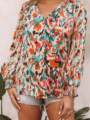 Boho Blouse Random Print Button Up V Neck Shirt Top