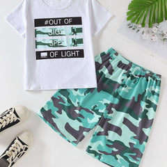 Boys Slogan Print T Shirts & Camo Shorts Set Kids Summer Clothes