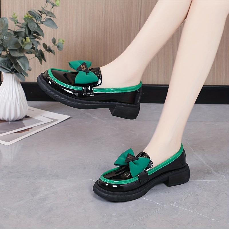 Bowknot Loafers Chunky Heel Faux Leather Shoes