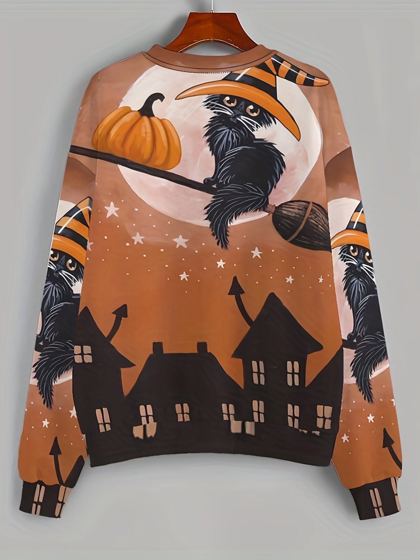 Halloween Witch Cat & Pumpkin Print Sweatshirt