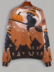 Halloween Witch Cat & Pumpkin Print Sweatshirt