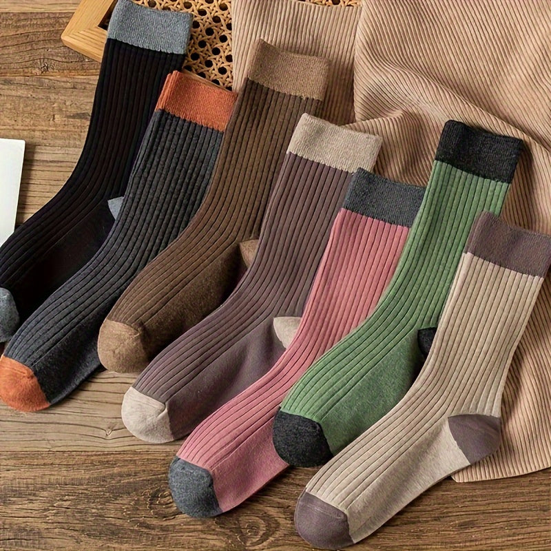 7 Pairs Colorblock Crew Socks Women's Stockings