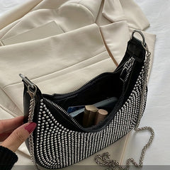 Rhinestone Crossbody Bag Chain Hobo Bag Women's Crescent Shoulder Purse