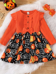 Girls Pumpkin Print Frill Trim Dress For Halloween Party