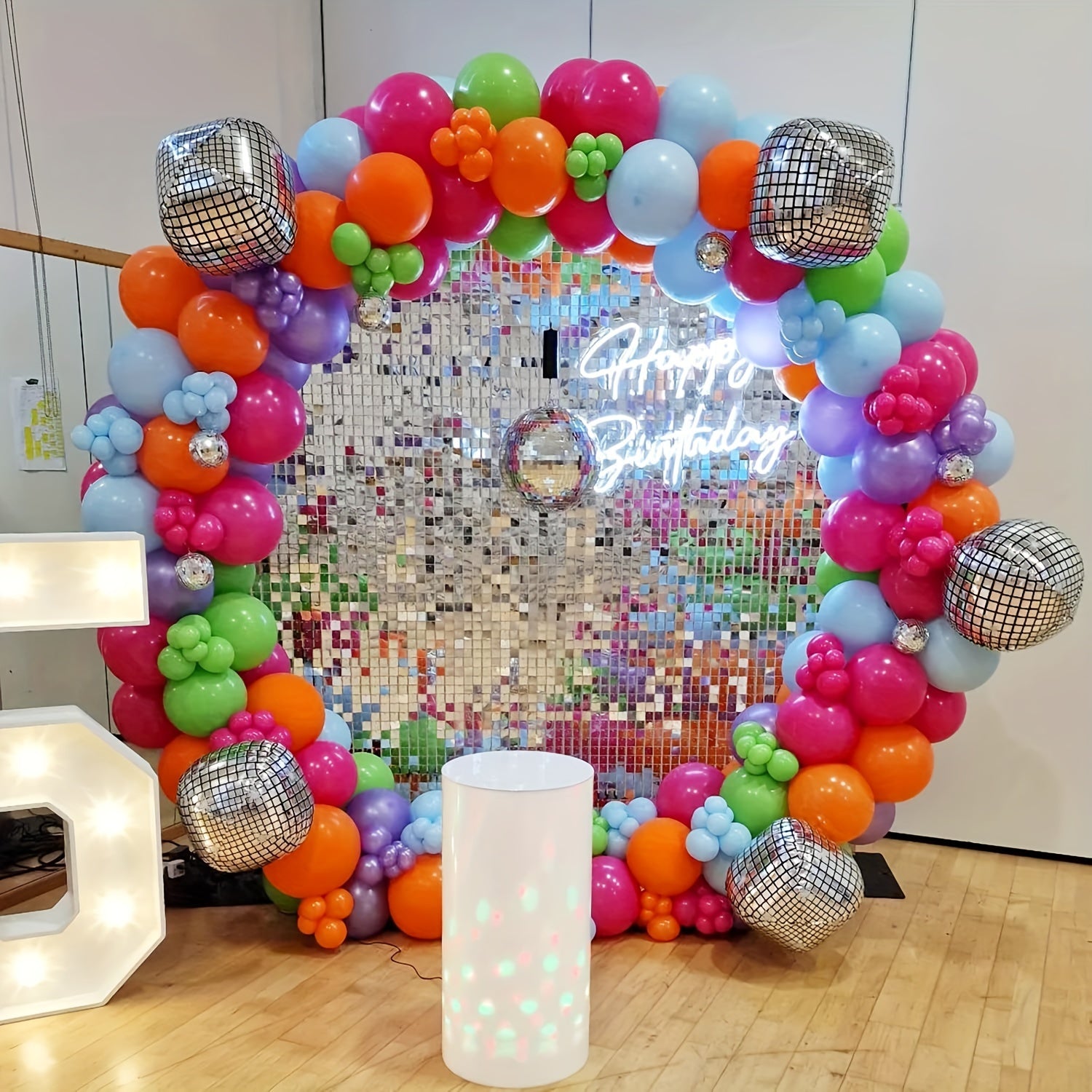 113pcs Disco 4D Aluminum Film Balloon Garland Set Purple Green Orange