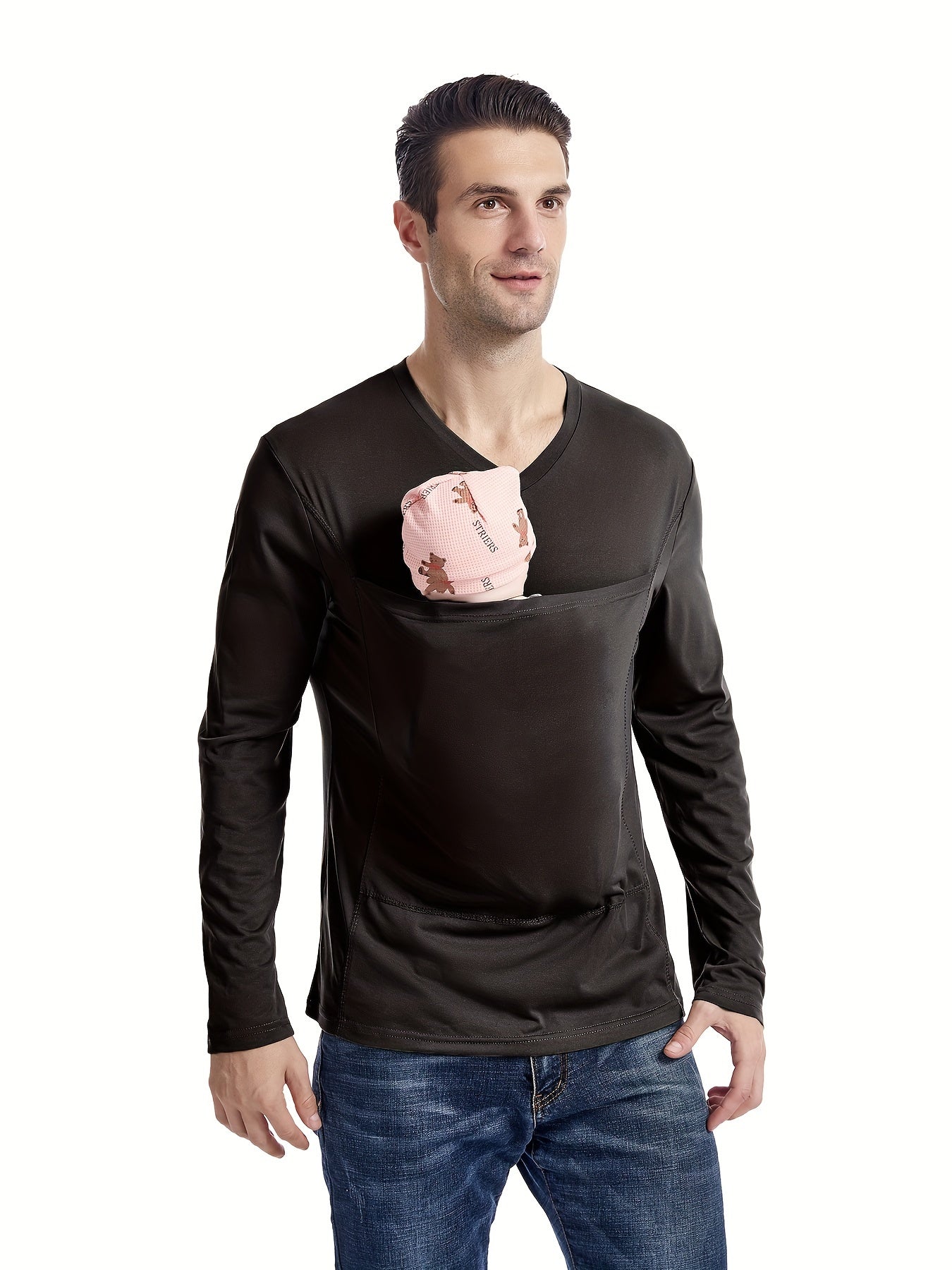 Men's V Neck Long Sleeve T shirt With Chest Pocket