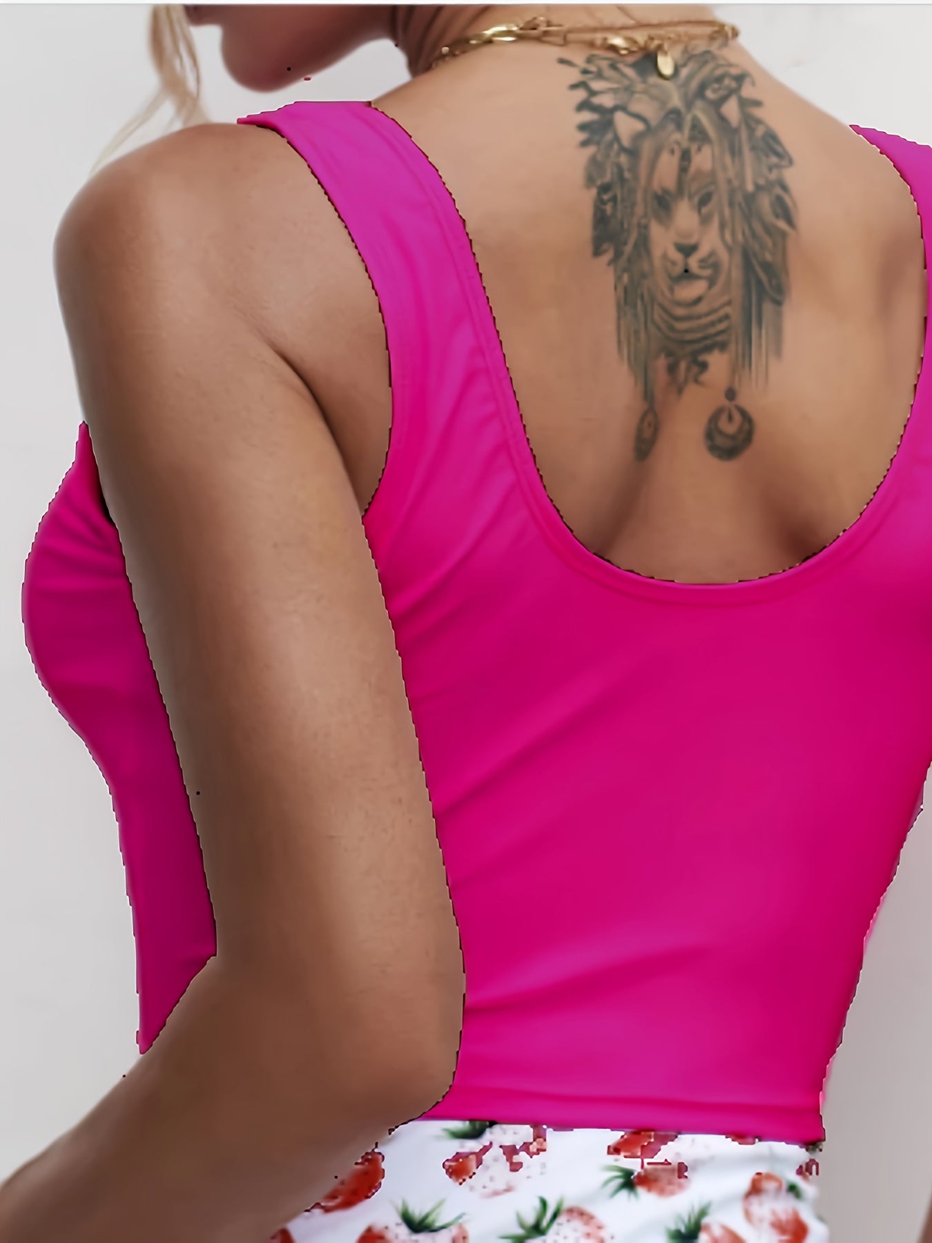 Tankini Set Solid Buckle Front Square Neck Crop Tank