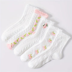 5 Pairs Floral Print Ruffle Socks Women's Stockings & Hosiery