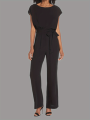 Solid Round Neck Short Sleeve Loose Jumpsuit Casual Long Length