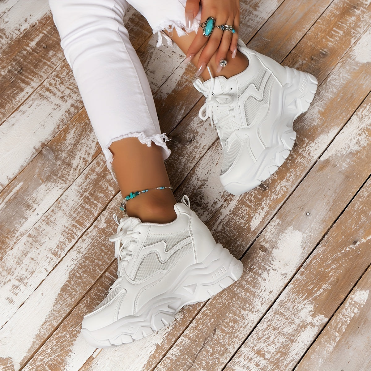Women's Solid Platform Shoes Breathable Mesh Low Top Lace Up