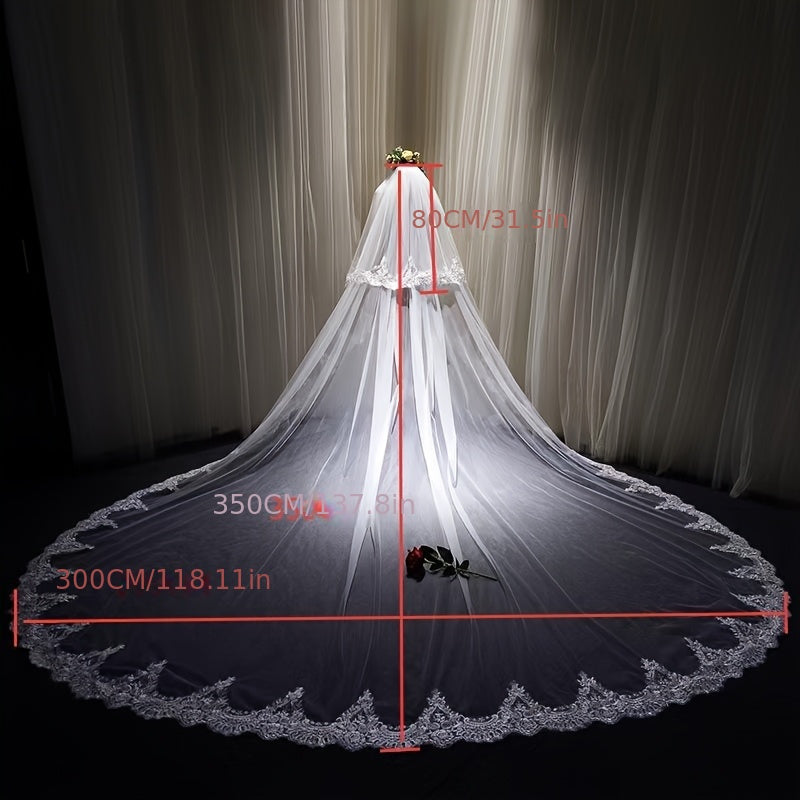 Royal Style Bridal Veil with Long Train and Floral Lace Overlay