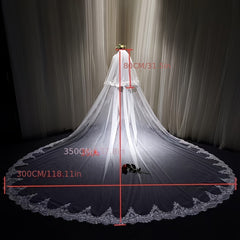 Royal Style Bridal Veil with Long Train and Floral Lace Overlay
