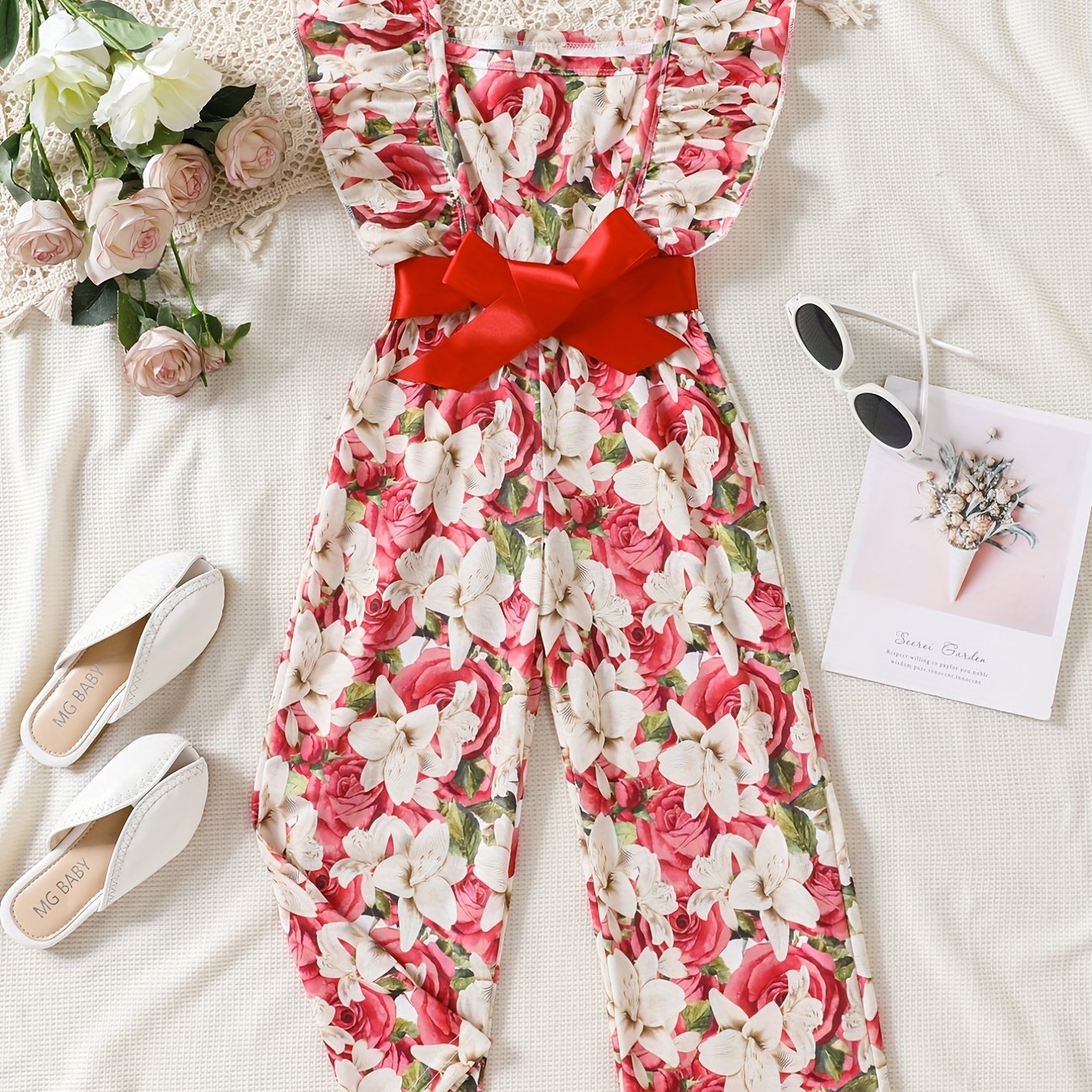 Girls Bow Floral Print Ruffle Sleeve Rompers