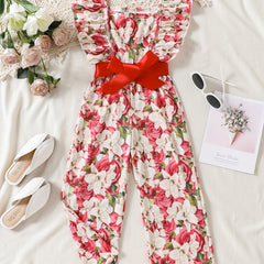 Girls Bow Floral Print Ruffle Sleeve Rompers