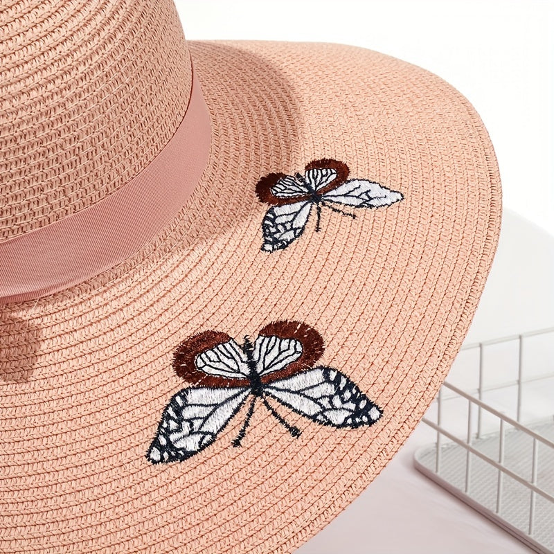 Pink Butterfly Embroidery Sun Hat Wide Brim Straw Beach Hat