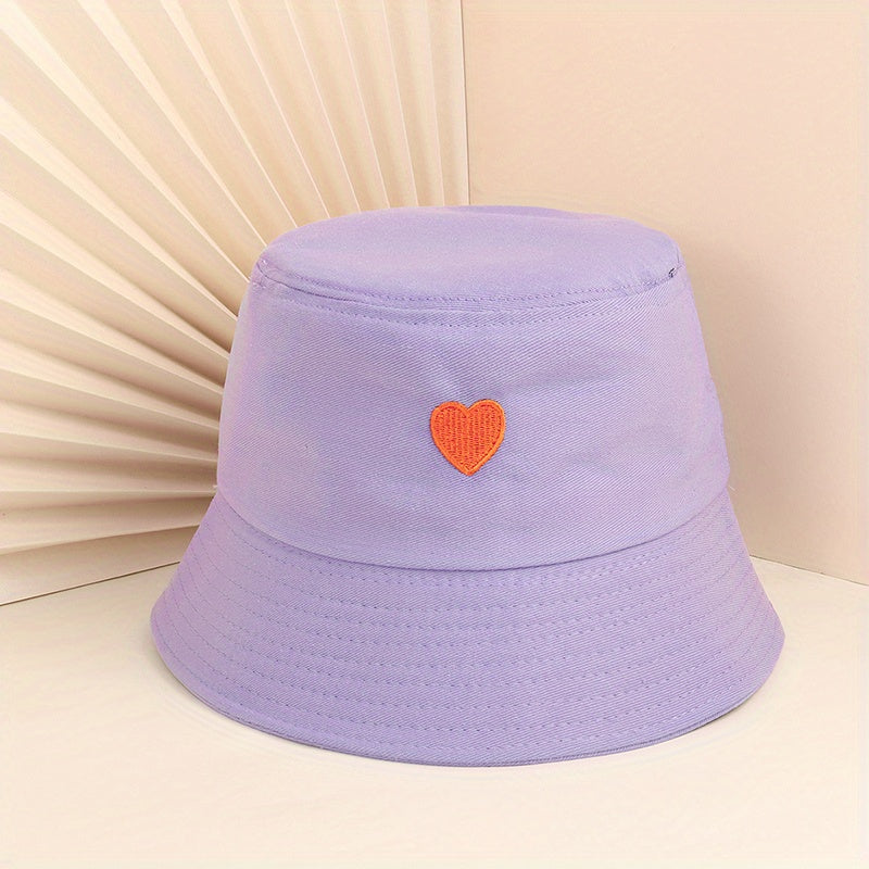 Peach Heart Embroidery Bucket Hat UV Protection Cotton Cloche