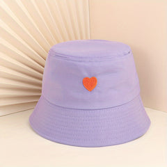 Peach Heart Embroidery Bucket Hat UV Protection Cotton Cloche
