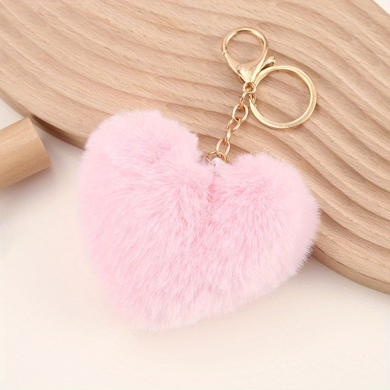 Heart Shape Pom Poms Keychain Fluffy Rabbit Fur Keyring for Car Bag