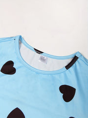 Heart Print Pajama Set - Short Sleeve Top & Shorts Lounge Set