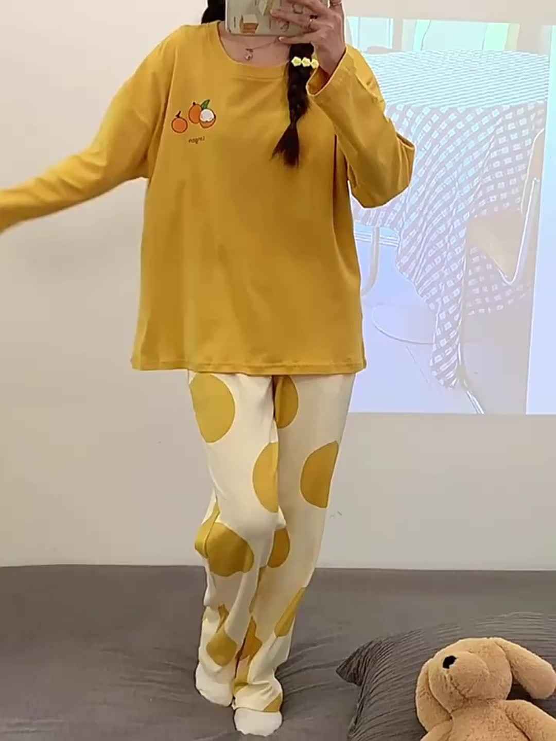 Cartoon Print Pajama Set Long Sleeve Crew Neck Top & Elastic Waistband Pants