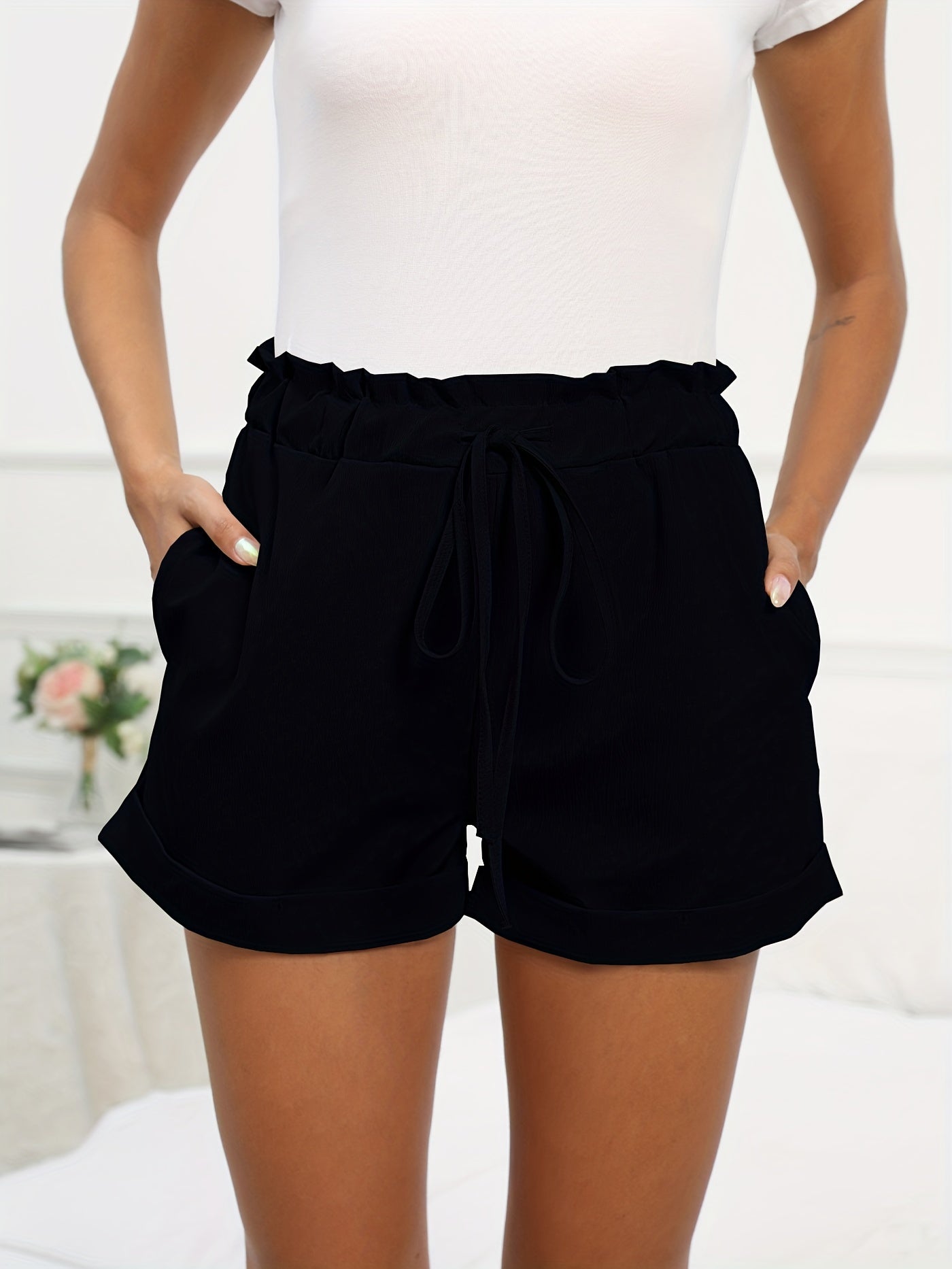 Elastic Drawstring High Rise Roll Up Shorts