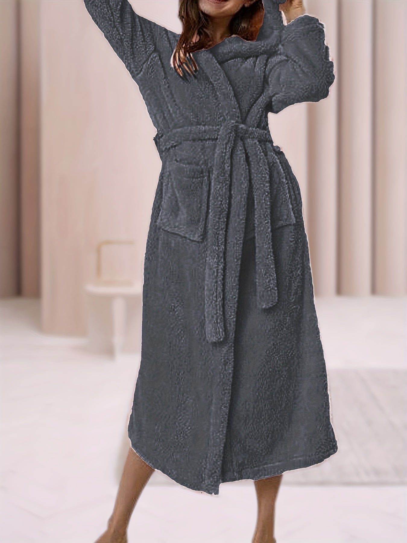 Solid Hooded Fuzzy Fleece Soft Bathrobe With Belt & Pockets