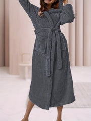Solid Hooded Fuzzy Fleece Soft Bathrobe With Belt & Pockets
