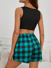 Plaid Print Pajama Set Crew Neck Tank Top & Elastic Waistband Shorts