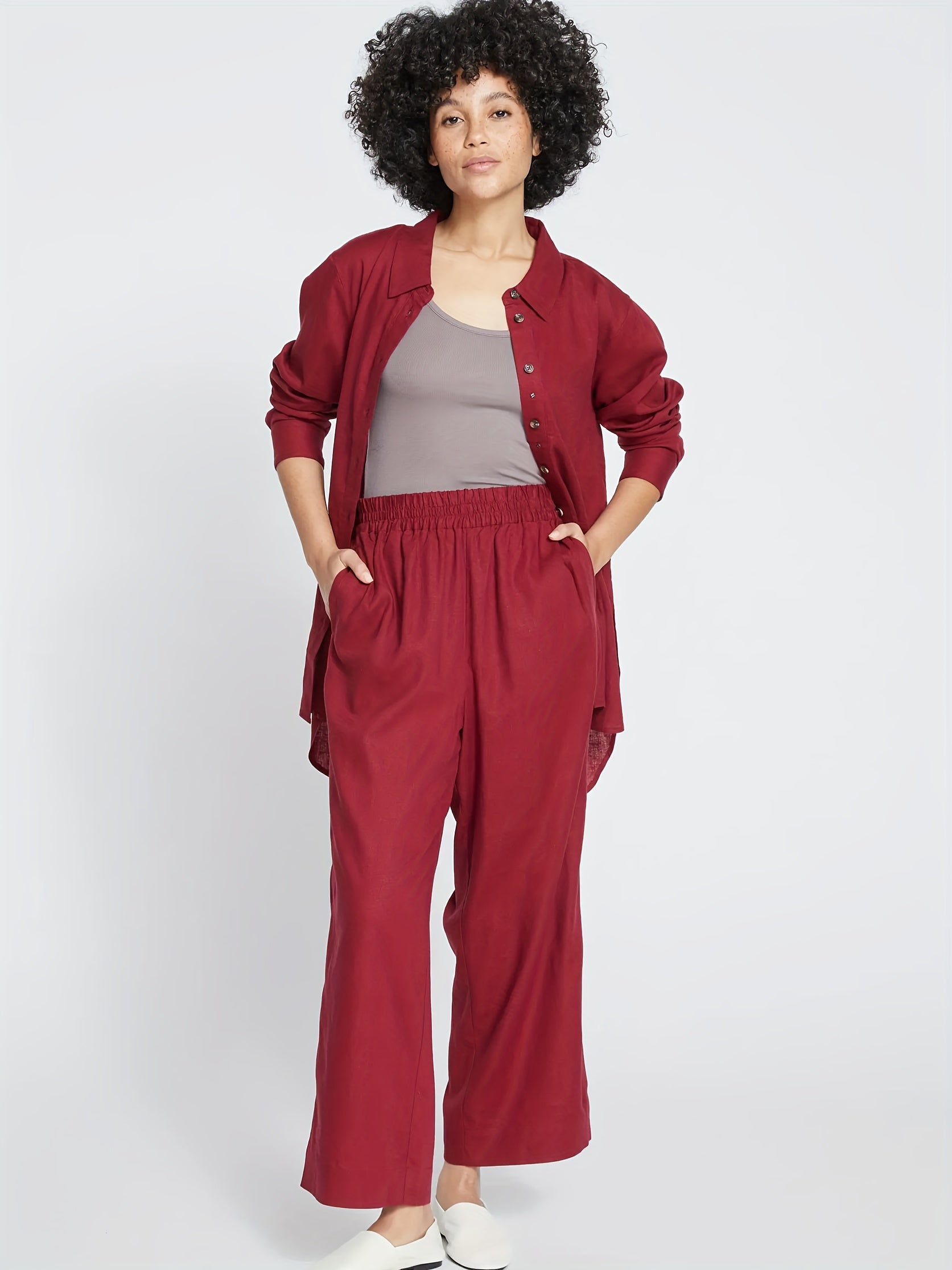 Elastic High Rise Wide Leg Trousers With Pockets