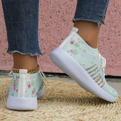 Women's Floral Print Knit Sports Shoes Lace Up Running Trainers