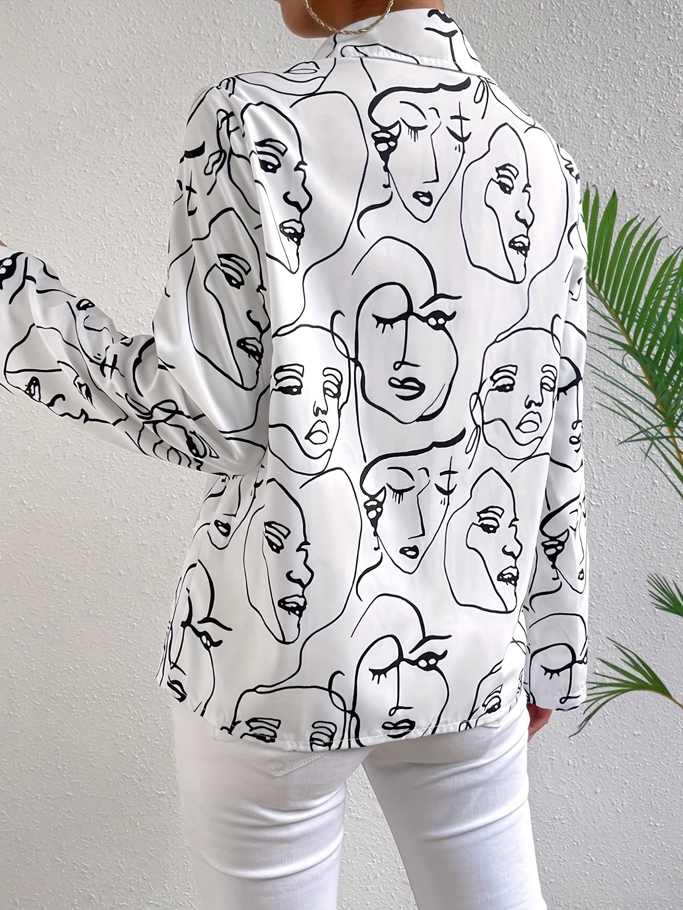 Abstract Figure Print Button Up Long Sleeve Blouse