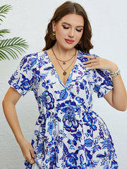 Colorblock Floral Print Puff Sleeve V Neck Midi Dress