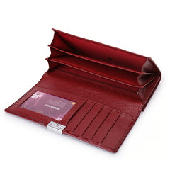 Red Leather Long Wallet for Women Crocodile Texture Bifold