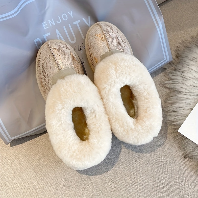 Women's Snakeskin Short Boots Slip-On Plush Lined Winter Boots