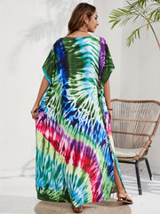 Tie Dye Batwing Sleeve V Neck Kaftan Beach Cover Up Dress